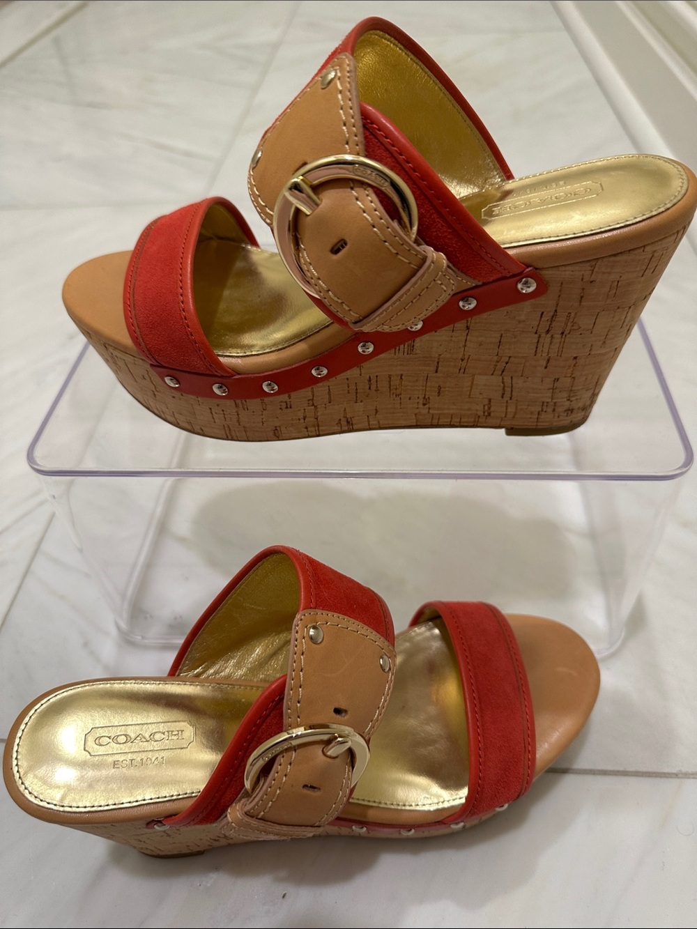 Coach Red Suede Wedge Sandals with Tan Leather Trim and Gold Accents